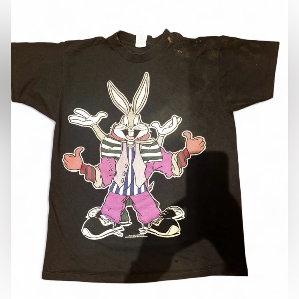Vintage 1994 Warner Bros Taz & Bugs Bunny T-Shirt - Medium Black Distressed